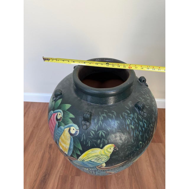 20th Century Hand-Painted Ceramic Urn With Rainforest & Parrot Motif For Sale - Image 4 of 15