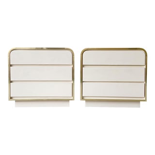 Postmodern Cream Lacquer Laminate Waterfall Nightstands With Gold Trim - a Pair For Sale