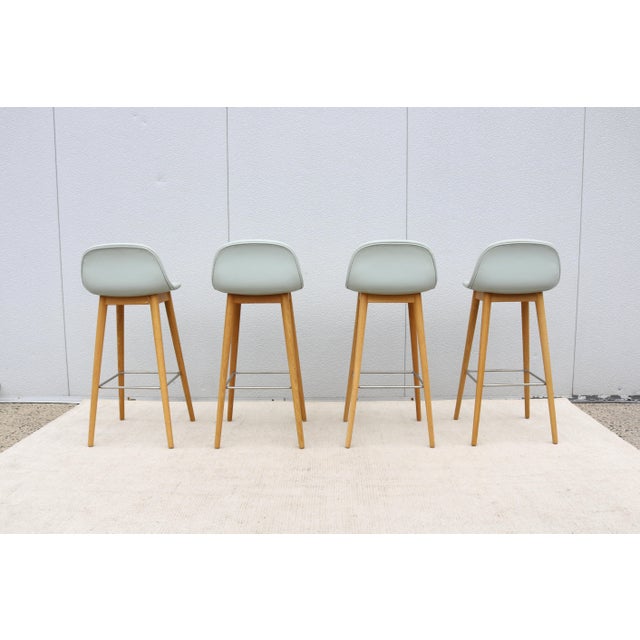 Danish Modern Iskos-Berlin for Muuto Leather Fiber Bar Stools Oak Base, Set of 4 For Sale - Image 10 of 18