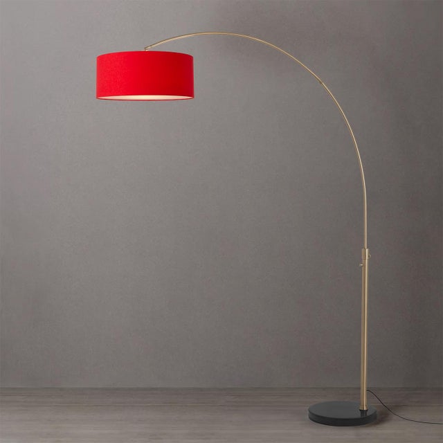 Mid-Century Modern 1950s Adjustable Mid Century Modern Floor Lamp - Weathered Brass Arc Lamp, Crimson Red Linen Shade, Dimmable, Marble Base For Sale - Image 3 of 4