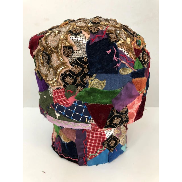 Folk Art Mixed-Media Crazy Quilt and Gold Lame Head Sculpture For Sale - Image 3 of 10