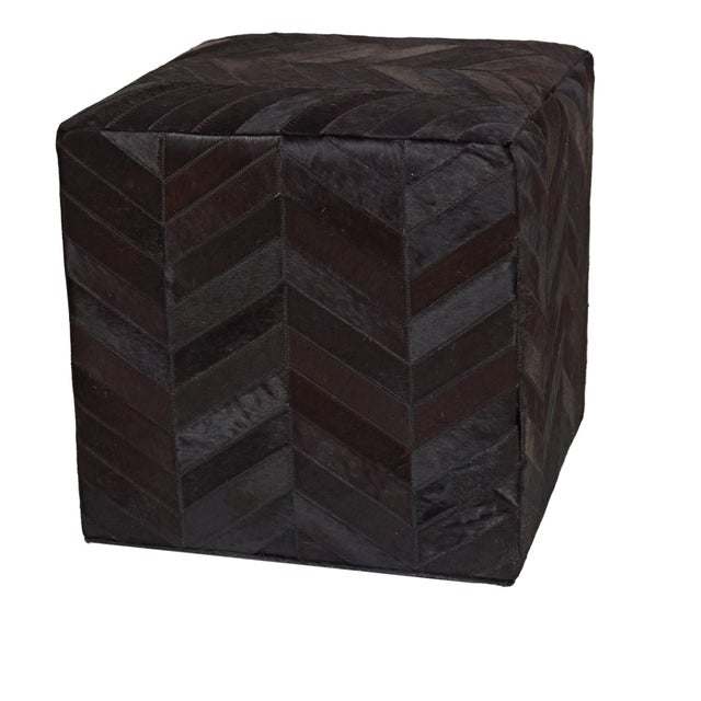 Black Handmade Black Cowhide Leather Ottoman Pouf 18x18x18 in Chevron Patchwork For Sale - Image 8 of 11