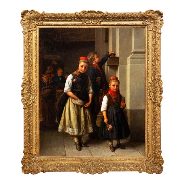 Rare German Antique Painting “After Church” by Karl Friedrich Boser Circa 1860 For Sale