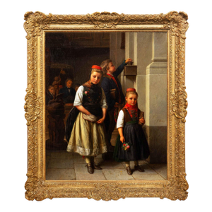 Rare German Antique Painting “After Church” by Karl Friedrich Boser Circa 1860