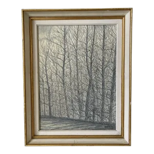 1973 Black and White Forest Landscape Oil Painting Signed Jiesse, Framed
