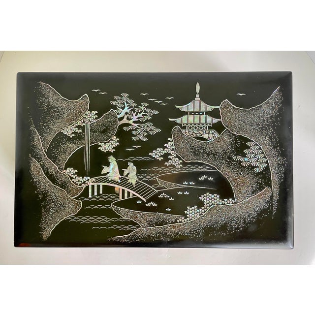 Chinoiserie Vintage Black Lacquer Asian Jewelry Box With Mother of Pearl Inlay For Sale - Image 3 of 12
