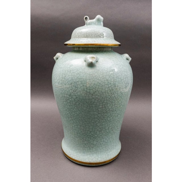 Mid 20th Century Maitland Smith Celadon Crackle Glazed Porcelain Foo Dogs Large Lidded Ginger Jar For Sale - Image 10 of 10