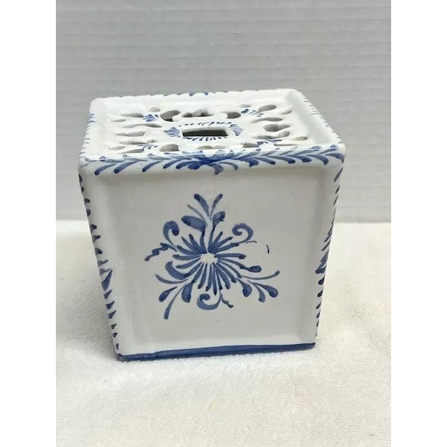 1990s Vintage Portugal Blue & White Flower Frog Vase For Sale - Image 5 of 5