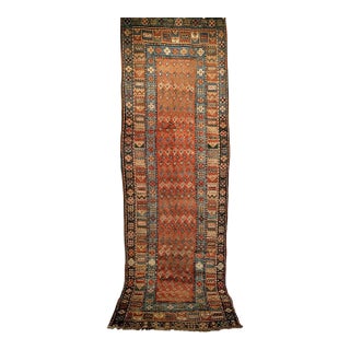 19th Century Persian Kurdish Wide Runner Rug, Hand-Knotted Wool, Allover Paisley Pattern, Terracotta & Blue, 4x12 For Sale