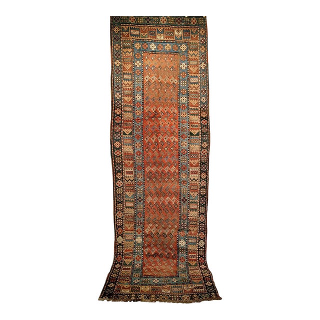 19th Century Persian Kurdish Wide Runner Rug, Hand-Knotted Wool, Allover Paisley Pattern, Terracotta & Blue, 4x12 For Sale