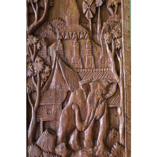 Wood Vintage Southeast Asian Carved Teak Elephant, House & Temple Relief on Silk For Sale - Image 7 of 15
