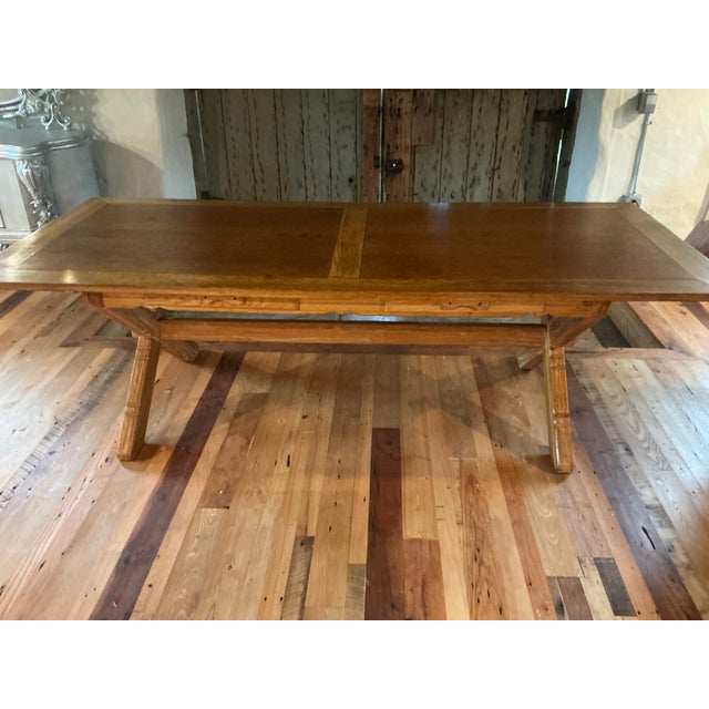 A. Brandt Ranch Oak Furniture Vintage A. Brandt Oak 8-Foot Trestle Dining Table With Drawers For Sale - Image 4 of 9