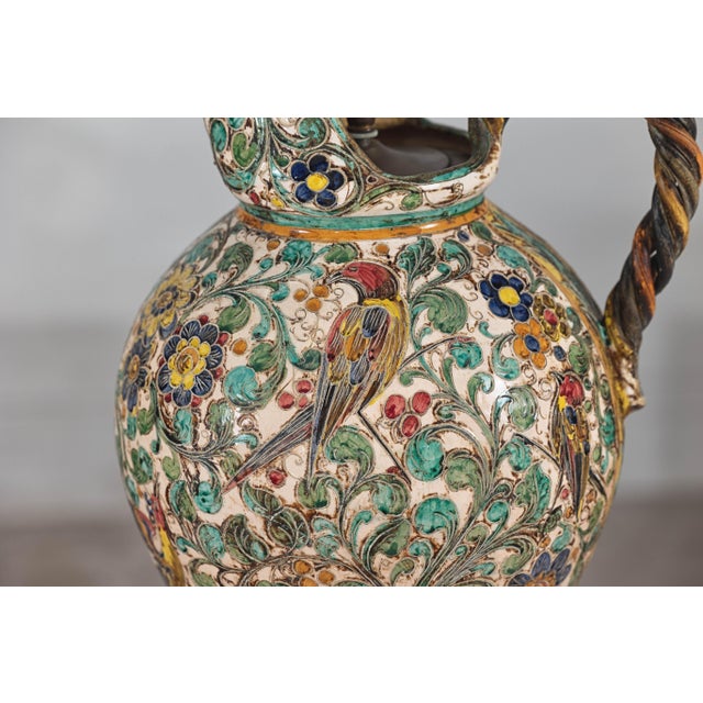 Mid 20th Century Majolica-Style Mid-Century Modern Ceramic Table Lamp with Birds and Floral Motifs For Sale - Image 4 of 12