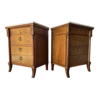 1970s Baker Hollywood Regency Walnut & White Marble Top Nightstands – A Pair For Sale