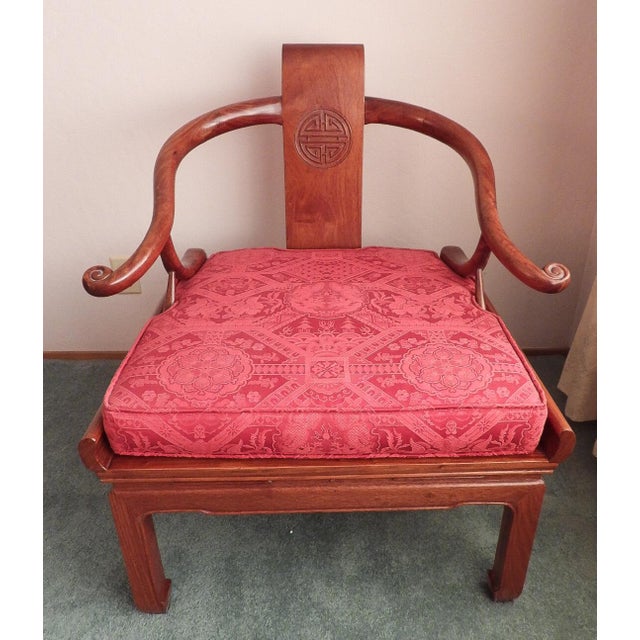 20th Century George Yee Style Chinese Hong Kong Horseshoe Lacquered Wook Accent Chair With Red Cushion For Sale - Image 10 of 12