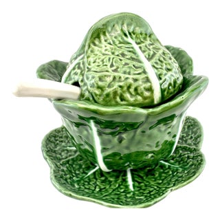 Vintage Portuguese Majolica Style Cabbage Tureen With Underplate and Ladle For Sale