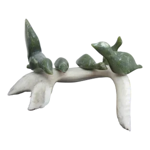 Canadian Native Inuit Carved Green Stone Birds on Antler by Tr McPhee