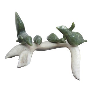Inuit Canada Native Carved Stone Birds Perched on Antler Branch by Tr McPhee For Sale