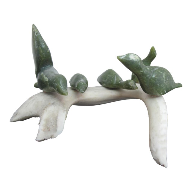Inuit Canada Native Carved Stone Birds Perched on Antler Branch by Tr McPhee For Sale