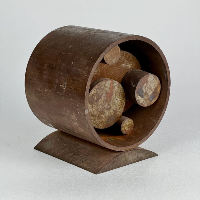Vintage Rusty Steel Metal Cylindrical Tabletop Art Sculpture - After Richard Serra For Sale - Image 4 of 11