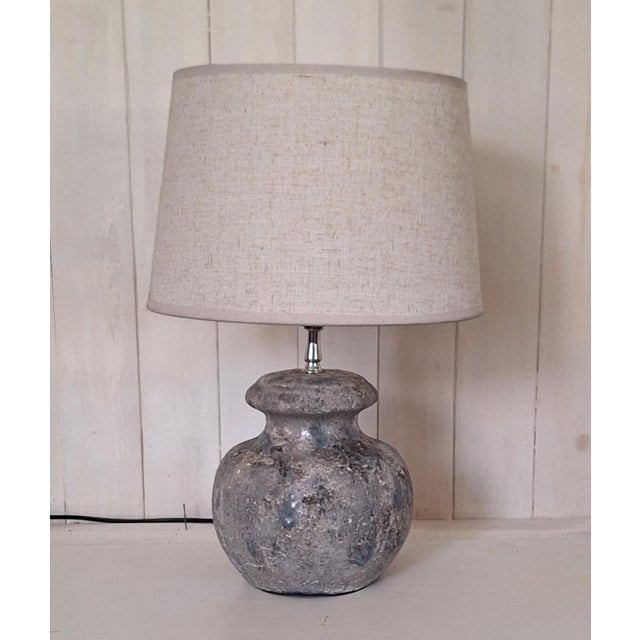 Vintage Table Lamp with Grey Melange Ceramic Base and Beige Fabric Shade, 1990s, in Very Good conditions. Designed 1990 to...