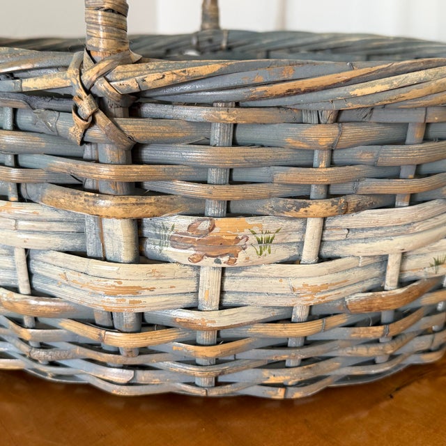 French Country Vintage Gray Gathering Basket With Bunny Rabbit Motif For Sale - Image 3 of 11
