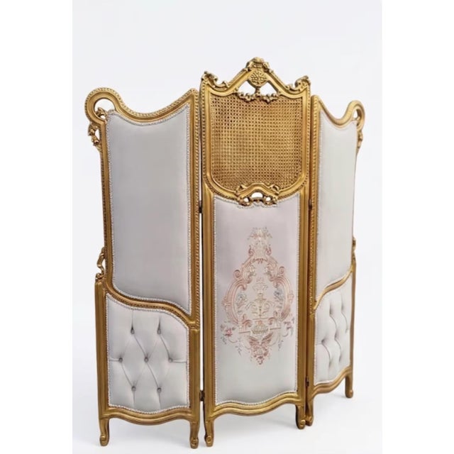 Fine Louis XV style gilt wood three fold screen with three panels real solid wood upholstered in beautiful floral fabric....