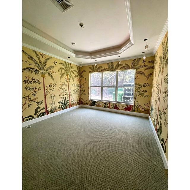 Hand‑Painted Chinoiserie Tropical Palm Mural Wall Panels, Set of 2, Botanical Bird Wallpaper For Sale - Image 6 of 7