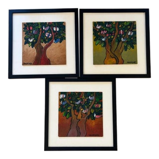 Mid 20th Century, Set of 3 Framed "Tree of Life" Paintings, Signed Manriquez For Sale