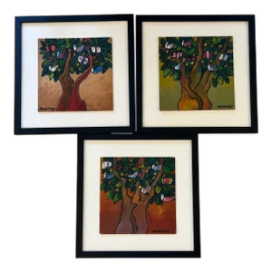 Mid 20th Century, Set of 3 Framed "Tree of Life" Paintings, Signed Manriquez