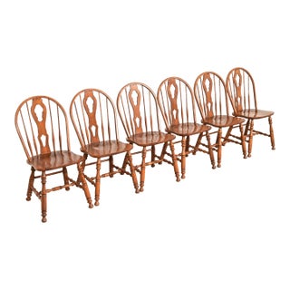 Ethan Allen Style American Colonial Solid Oak Spindle Back Windsor Dining Chairs, Set of Six For Sale