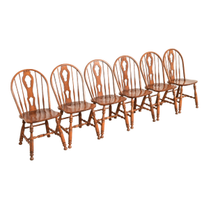 Ethan Allen Style American Colonial Solid Oak Spindle Back Windsor Dining Chairs, Set of Six