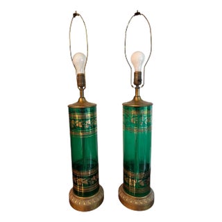 Mid 20th Century Berger Green and Brass Translucent Lamps - A Pair For Sale