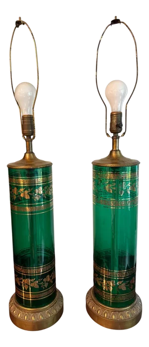 Mid 20th Century Berger Green and Brass Translucent Lamps - A Pair