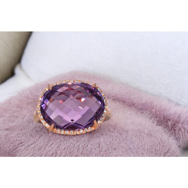 Contemporary The Nelle: Checkerboard Cut Natural Amethyst and Diamond Halo Ring in Rose Gold For Sale - Image 3 of 11