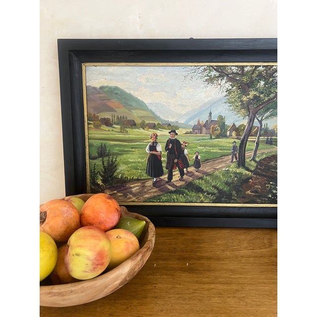 Vintage oil painting on board titled "Sonntag im Gutachtal" meaning Sunday in Gutach Valley. The Gutach Valley is located...