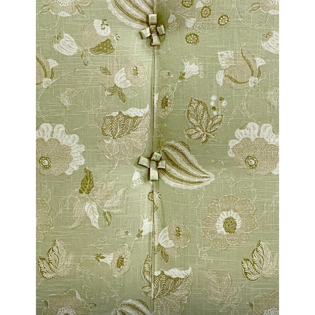 Robert Allen Vintage Upholstered Queen Headboard With Matching Pleated Bed Skirt, Robert Allen Linen Floral in Pistachio For Sale - Image 4 of 7