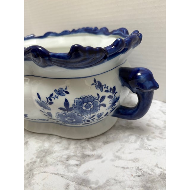 Blue Large Blue and White Floral Plant Vessel For Sale - Image 8 of 8