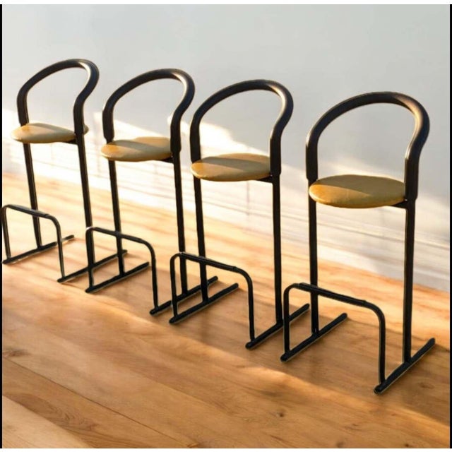 Set of Five 1980s Amisco Postmodern Tubular Steel and Yellow Leather Barstools For Sale - Image 14 of 18