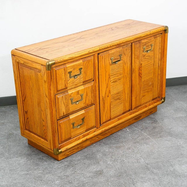 Mid Century Modern Credenza Dresser Cabinet Solid Oak 3 Drawer Wood Brass Trim For Sale In Sacramento - Image 6 of 12