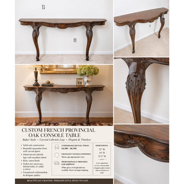 1970s 1970s Custom French Provincial Oak Console Table – Carved Cabriole Legs, Baker Style, 72” For Sale - Image 5 of 5