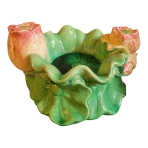 Vintage Ceramic Majolica Style Green Pink Rose Leaf Trinket Bowl Catchall