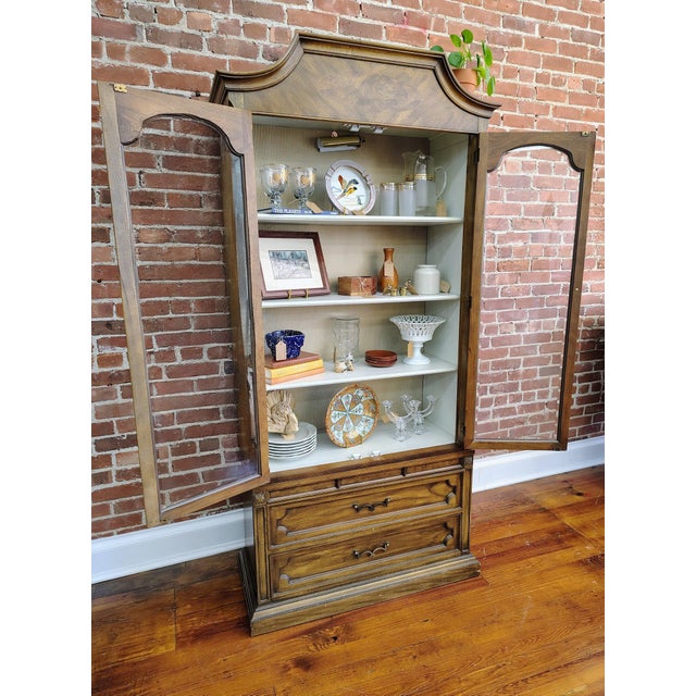 Traditional Vintage Chamberlain’s Two-Piece Walnut Display Cabinet With Lighting With Striped Interior For Sale - Image 3 of 14