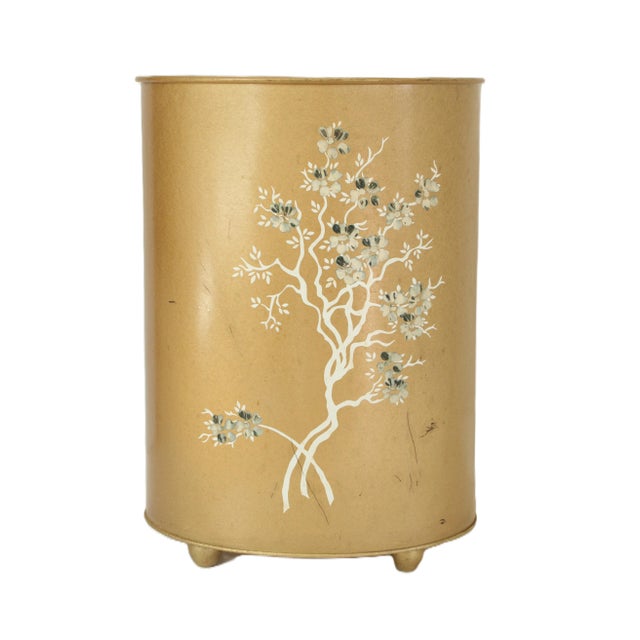 Chinoiserie style waste basket Blossom Tree Branch, hand painted Japanese blossom motif. Embossed Ransburg stamp...