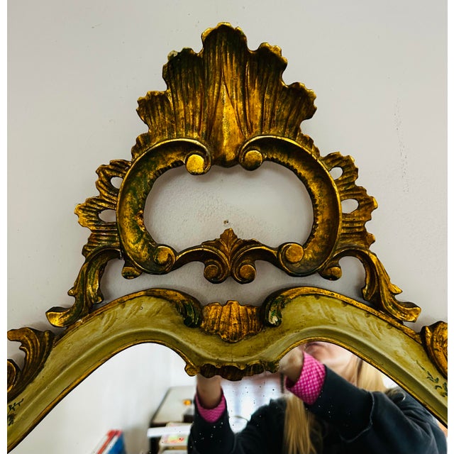 Antique Rococo Style Carved Wood Gilt & Floral Decorated Venitian Mirror For Sale - Image 11 of 12