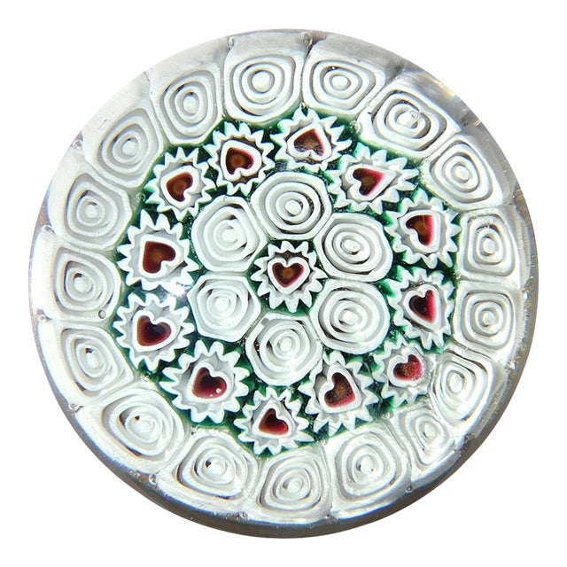 Vintage Murano Fratelli Toso Millefiori Heart Flower Mosaic Aventurine Italian Art Glass Paperweight For Sale