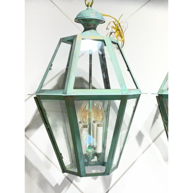 Metal Exquisite Pair of Vintage Solid Brass Hexagonal Hanging Lanterns - 24” X 16” For Sale - Image 7 of 16