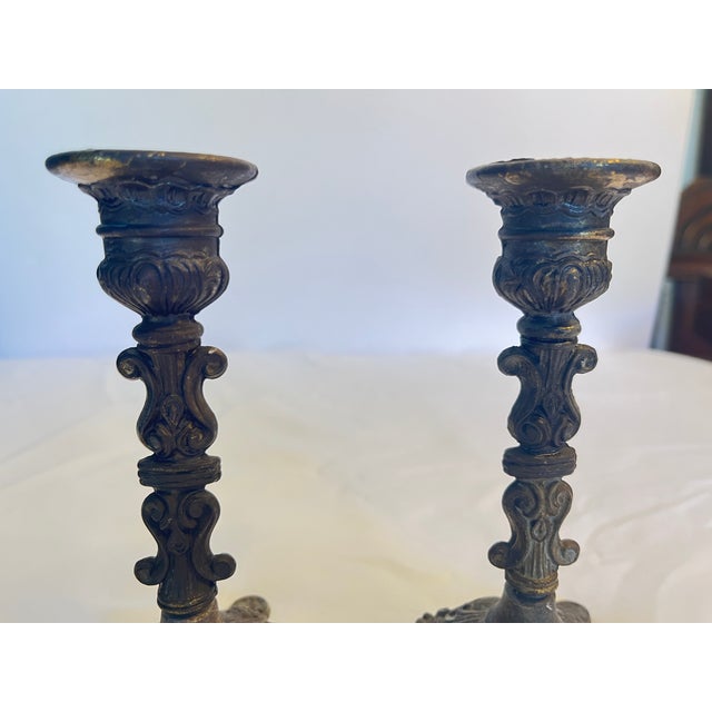 Vintage Ornate Brass Candle Holders Action Made in Italy 3 Footed Baroque 6" For Sale - Image 11 of 12
