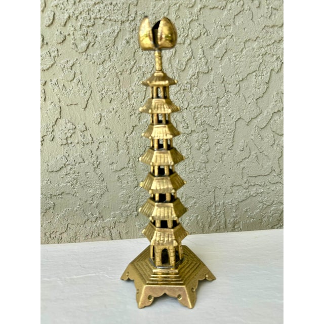 Metal Vintage Chinese Brass Pagoda Temple Candlestick With Lotus Flower Bobeche For Sale - Image 7 of 12