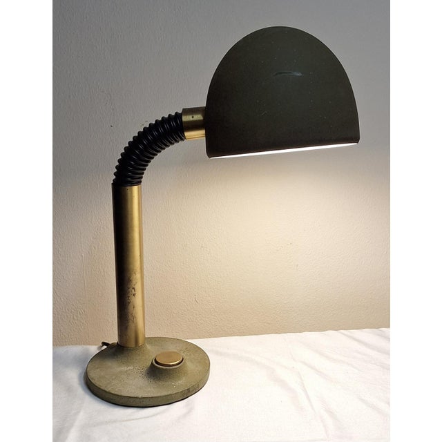 Vintage Adjustable Desk Lamp with Brass Base, Black Coated Flex Arm and Olive Green Metal Reflector, 1970s For Sale - Image 3 of 7